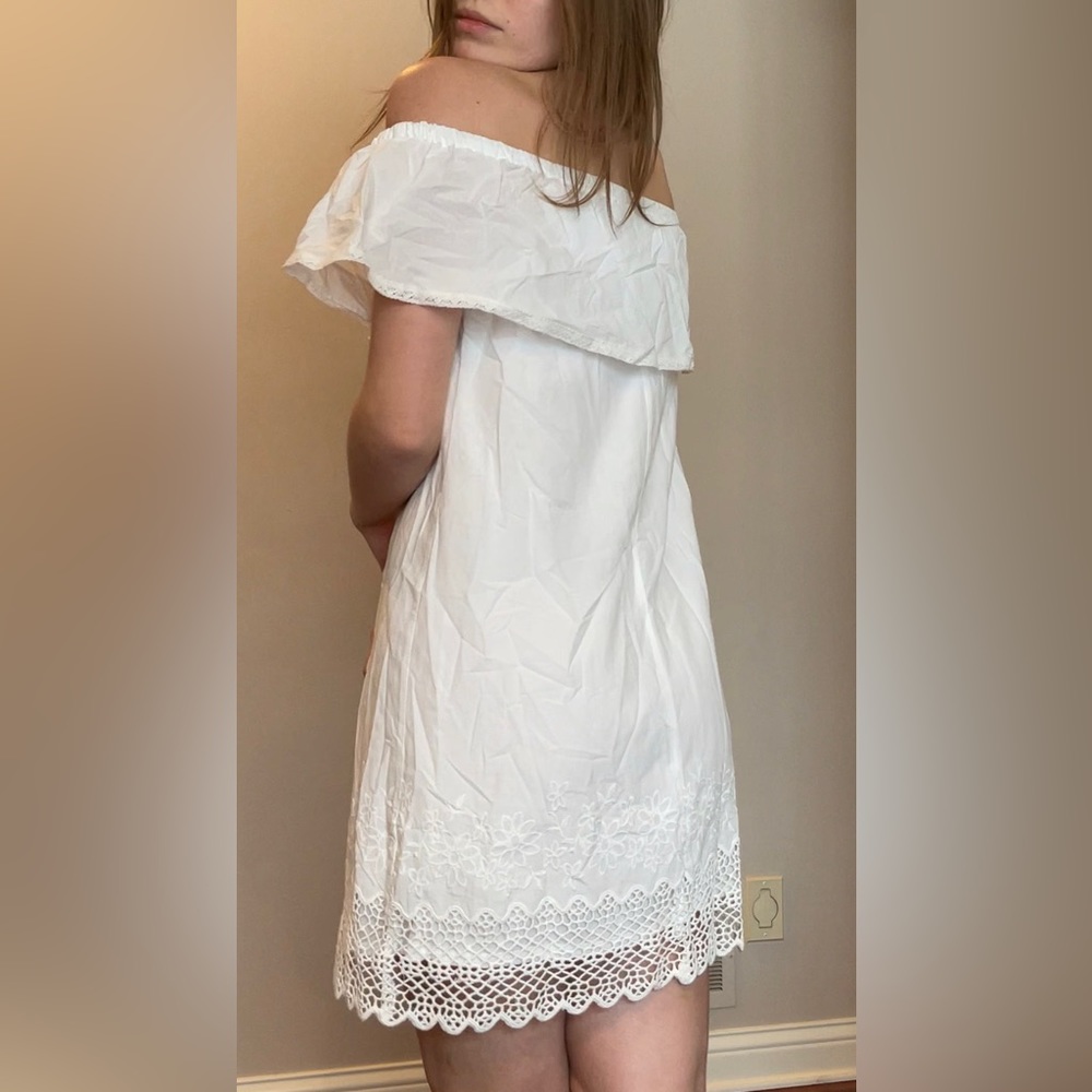 White Cotton Off-Shoulder Dress with Lace and Embroidered Detail